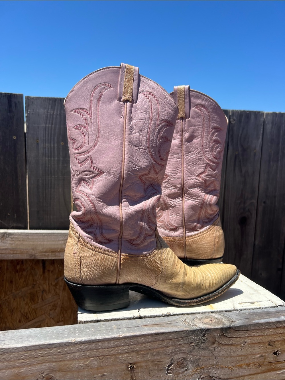 Larry Mahan vintage leather snakeskin cowgirl boots leather tan&pink western 7.5